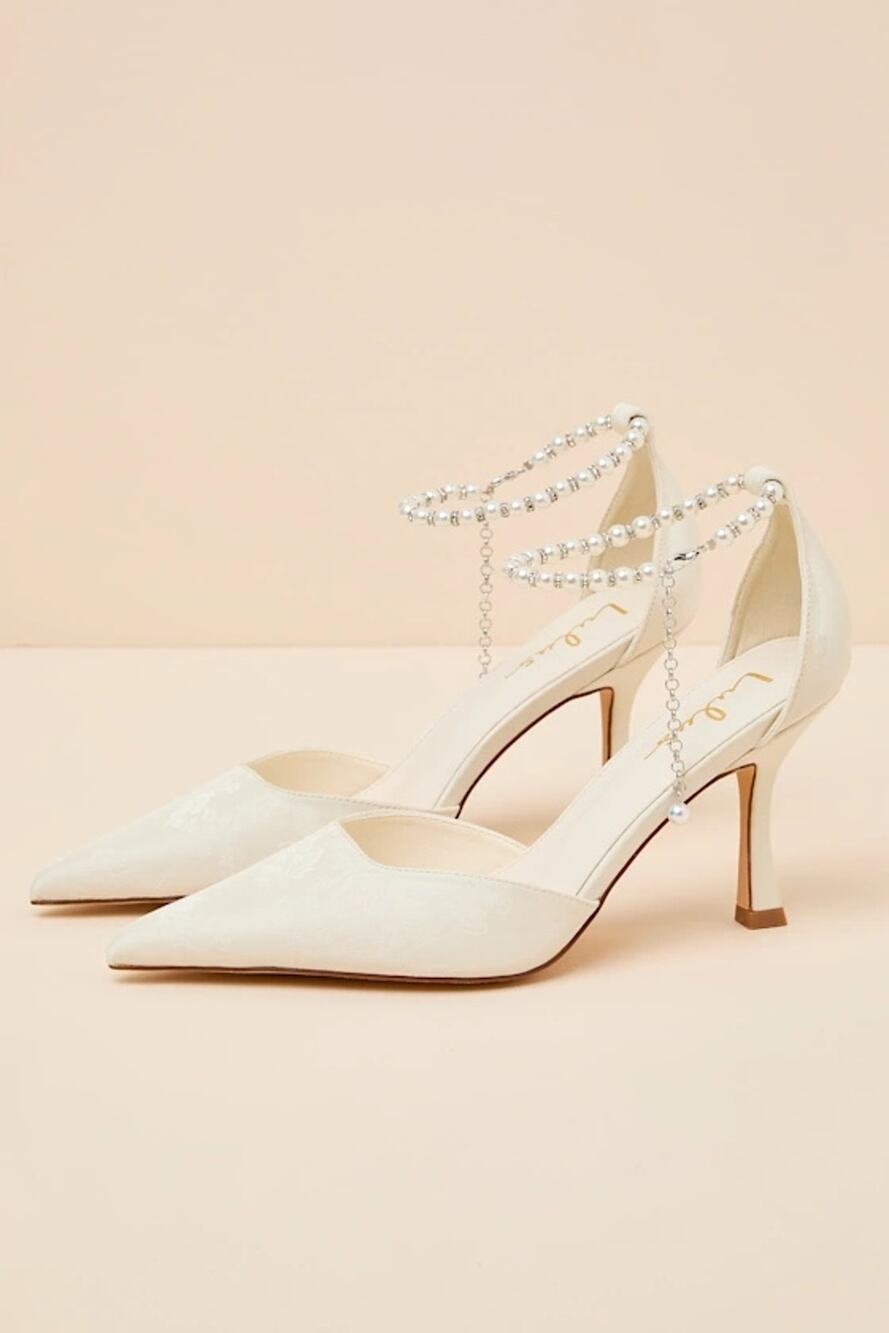 NWOT Lulus Katie White Satin Pearl Pointed-Toe Ankle Strap Pumps